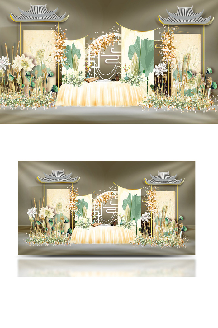 清新浪漫香槟色新中式婚礼签到设计