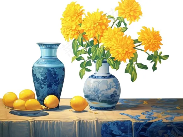 重阳黄色菊花花瓶饮茶插画免抠(1232x928)