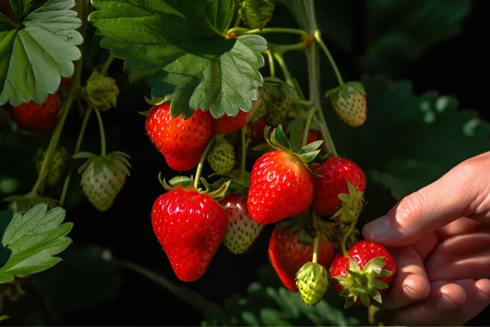 现摘新鲜草莓种植园摄影图(4032x2688)