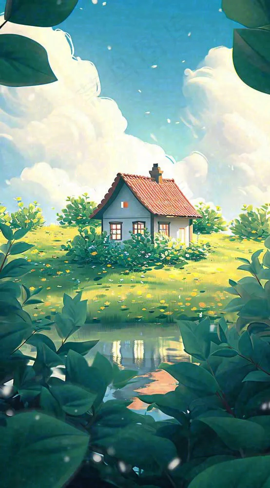 蓝天草坪上小屋房子在河流旁，河面倒影(816x1472)