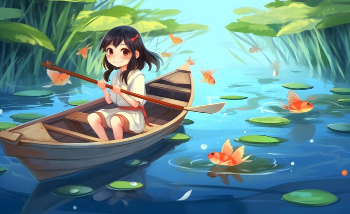 在湖中划船的女孩睡莲绿叶插画海报背景(5632x3456)