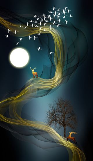 创造山水双鹿玄关背景墙