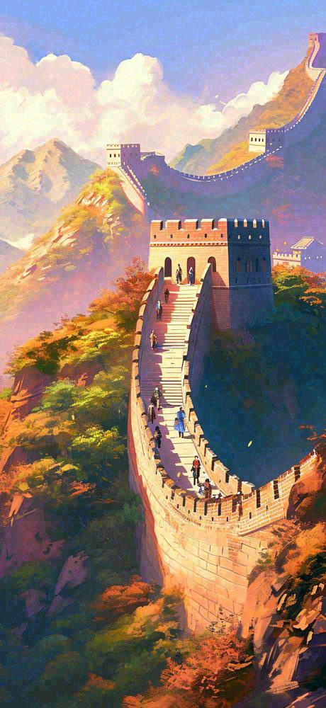 中国风万里长城落日阳光雄伟建筑手绘插画(736x1600)