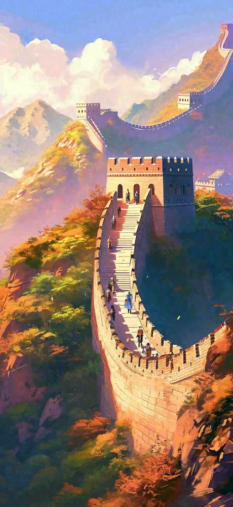 中国风万里长城落日阳光雄伟建筑手绘插画(736x1600)