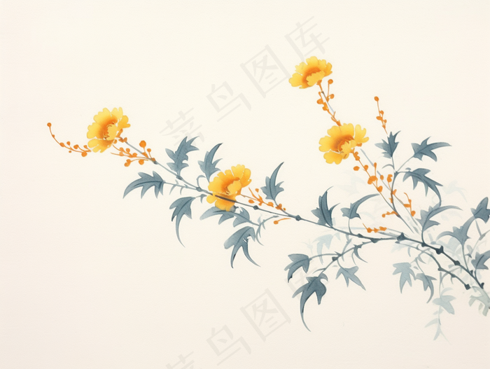 国风水墨画黄花枝条插画 (3696x2784)