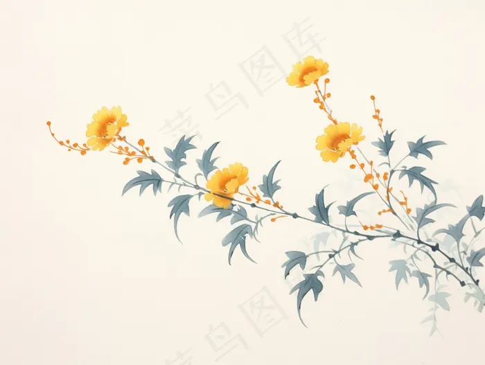 国风水墨画黄花枝条插画 (3696x2784)