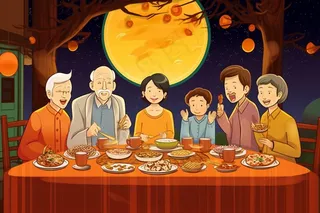 一家人吃饭团圆饭圆月插画素材背景