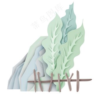 中国风 复古烟 青色 清新山水 剪纸元素 景色 PNG 免抠 素材