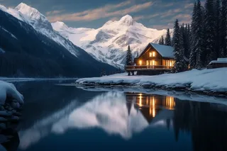 雪山高原山脚下的木屋摄影图