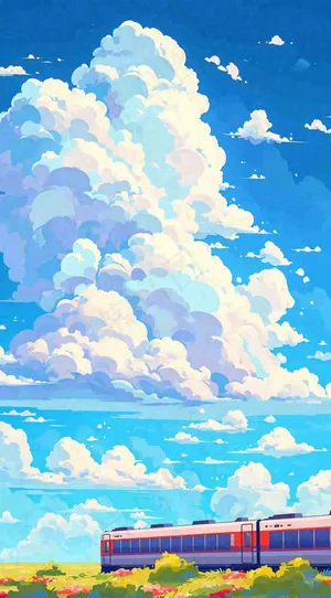 蓝天白云交通高铁铁路火车，草坪鲜花彩色插画