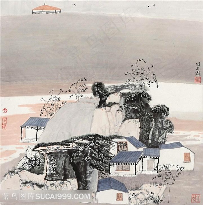 薛亮水墨画乡村房子中式装饰画