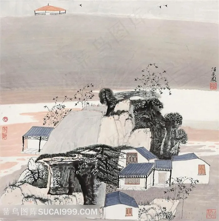 薛亮水墨画乡村房子中式装饰画