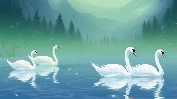 白天鹅在湖里游曳觅食绿色卡通插画(x)