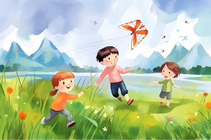 儿童孩子们大自然草原森林游玩卡通背景