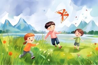 儿童孩子们大自然草原森林游玩卡通背景