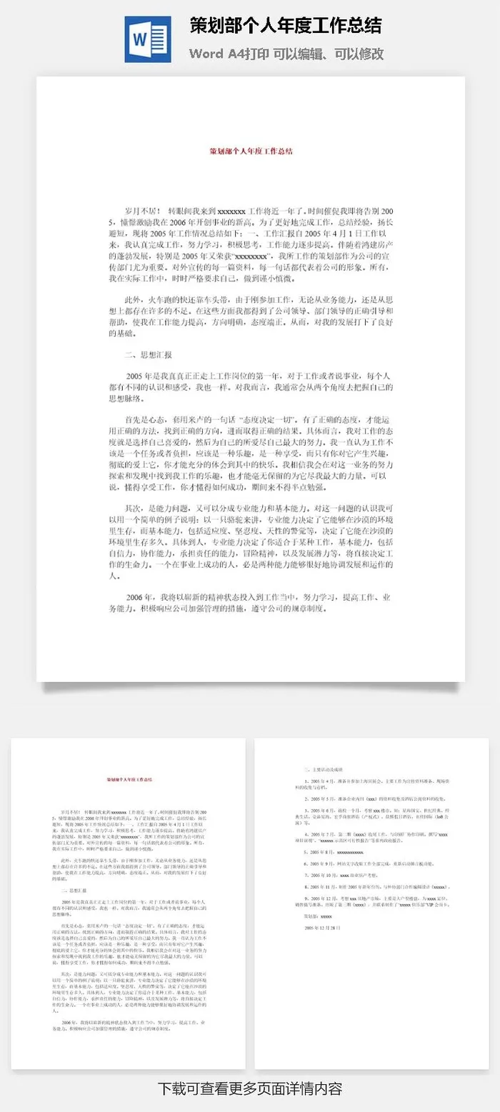 策划部个人年度工作总结word模板