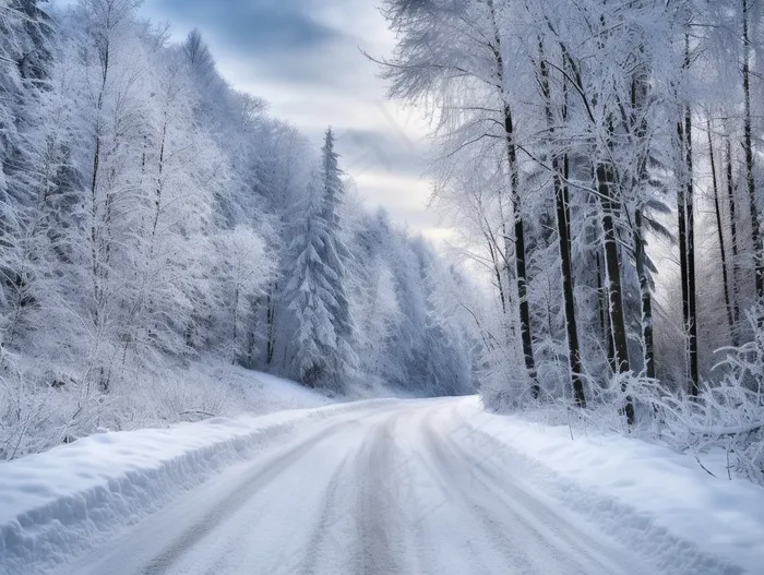 冬天大雪道路积雪两边的树木雾凇摄影图(3696x2784)