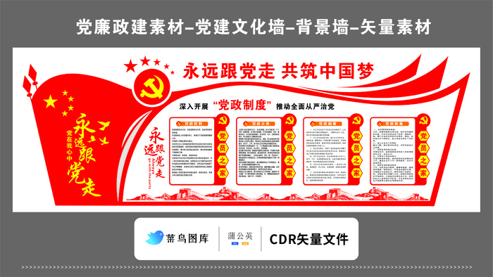 党建文化墙党建素材CDR预览图红色背景深入开展党政制度跟党走