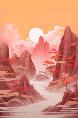 红色简约月光山脉背景