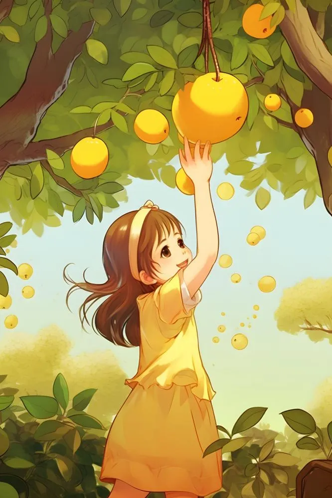 丰收可爱女孩水果金黄色插画背景(2400x3600)