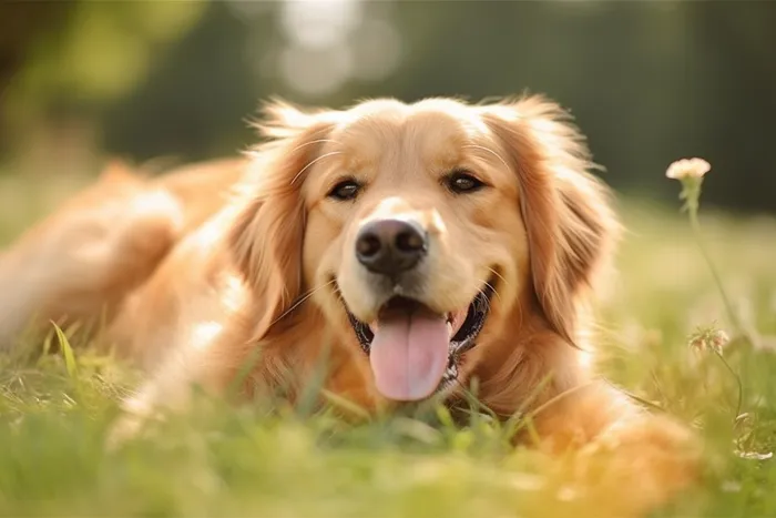 金毛宠物狗趴着公园草坪休息摄影图(4032x2688)