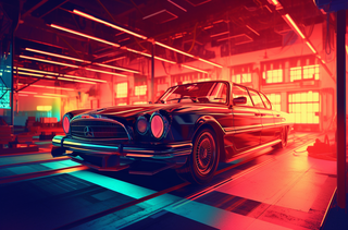 一辆老款汽车停在装配车间红色朋克风格