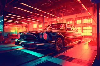 一辆老款汽车停在装配车间红色朋克风格