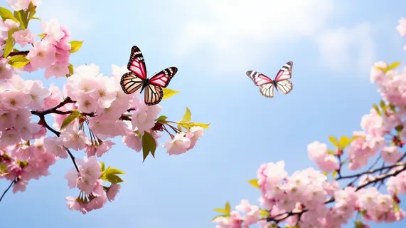 粉色樱花树枝飞舞的蝴蝶摄影图