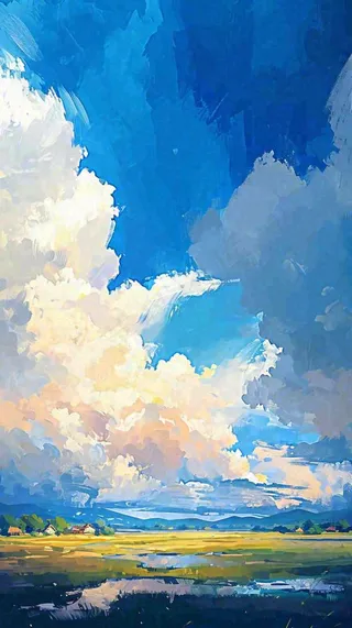 大自然湖面小溪草坪村庄蓝天白云，春天清新阳光