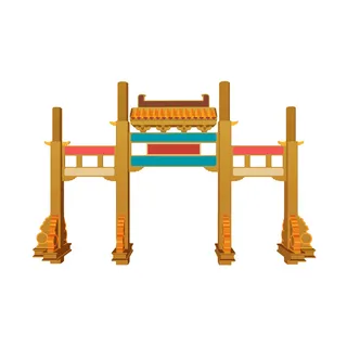 中国风复古式国潮门楼手绘城门插画牌楼建筑PSD素材png免扣图