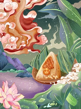 国潮风端午节节日绘画PSD素材