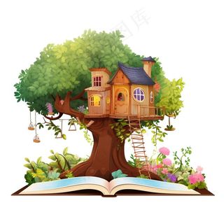 大树上的木屋树屋书本卡通插画免抠