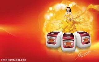 穿着华丽的金色长裙的美女和美的电饭煲