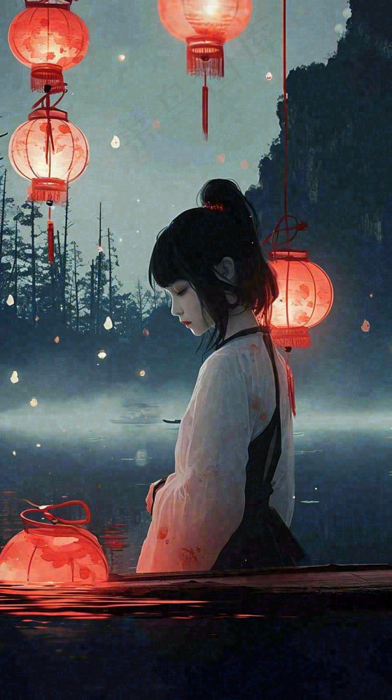古风夜晚湖边少女灯笼意境水面