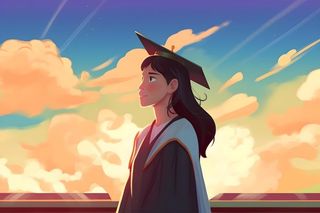 天空彩虹白云毕业的女孩插画背景