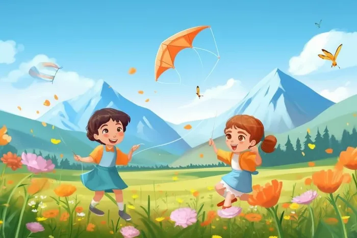 儿童草地玩耍风筝(1344x896)