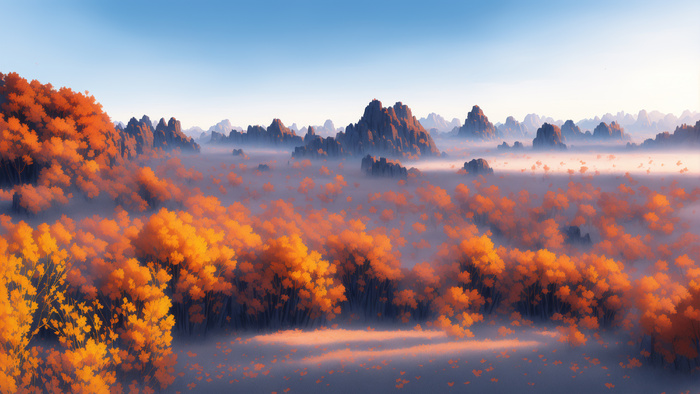 美丽大气写意风景背景壁纸插画-黄叶