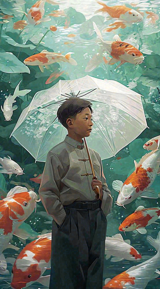 中国风金鱼喝水荷叶少年锦鲤手绘插画(816x1472)