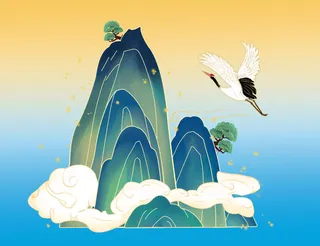 国潮风山水风景仙鹤美景