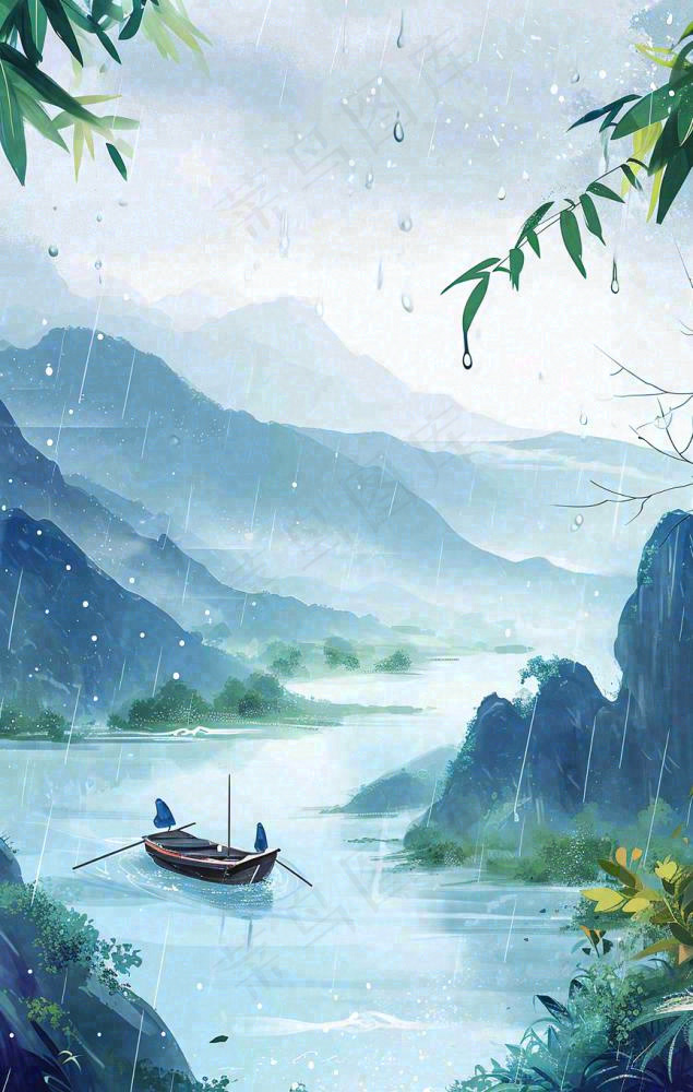 春天雨天湖面山脉小船植物花朵，雨水谷雨(864x1360)