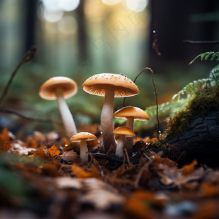 秋季森林蘑菇枯叶树枝摄影图