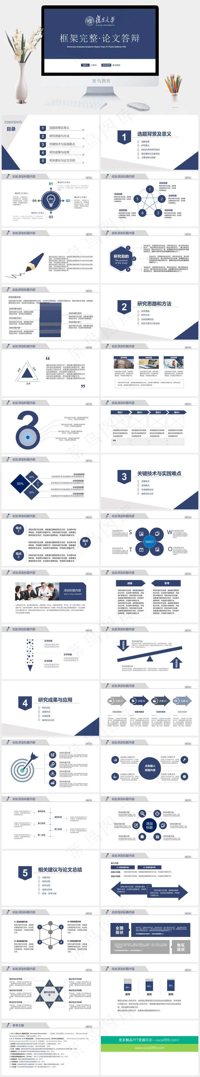 （框架完整）简约学术蓝毕业答辩论文答辩模板