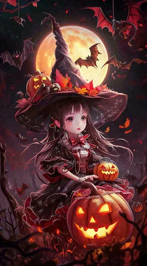 万圣节夜晚黑色南瓜恐怖卡通小鬼手绘插画