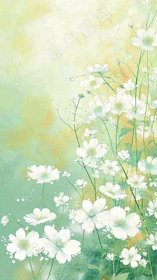 清新白色小花春天萌芽手绘，春分