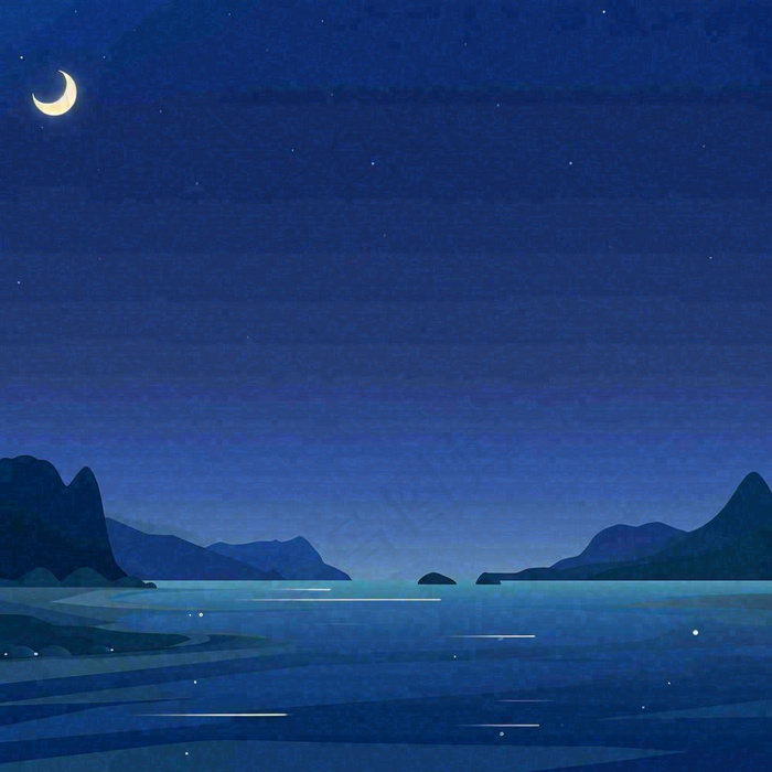 夜晚河面星空月亮唯美夜景扁平插画手绘(1024x1024)