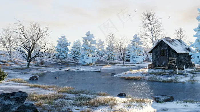 早晨的冬日树林3D渲染油画风格创意插画