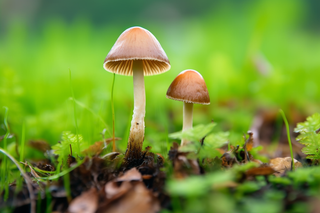 清晨湿润的泥土钻出的蘑菇摄影图