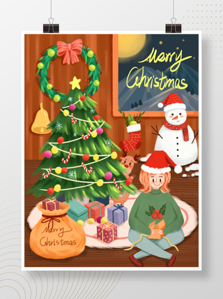 圣诞快乐圣诞树花环温馨场景插画手绘海报
