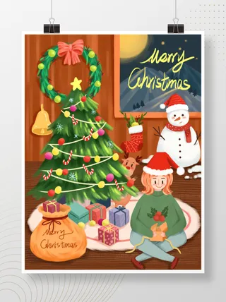 圣诞快乐圣诞树花环温馨场景插画手绘海报