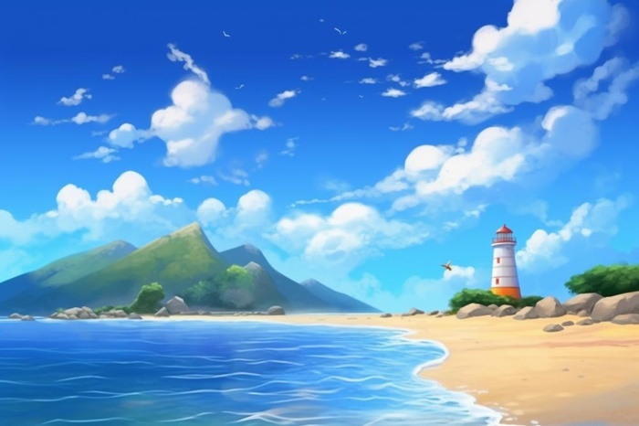 夏日阳光沙滩海浪蓝色插画背景(1344x896)